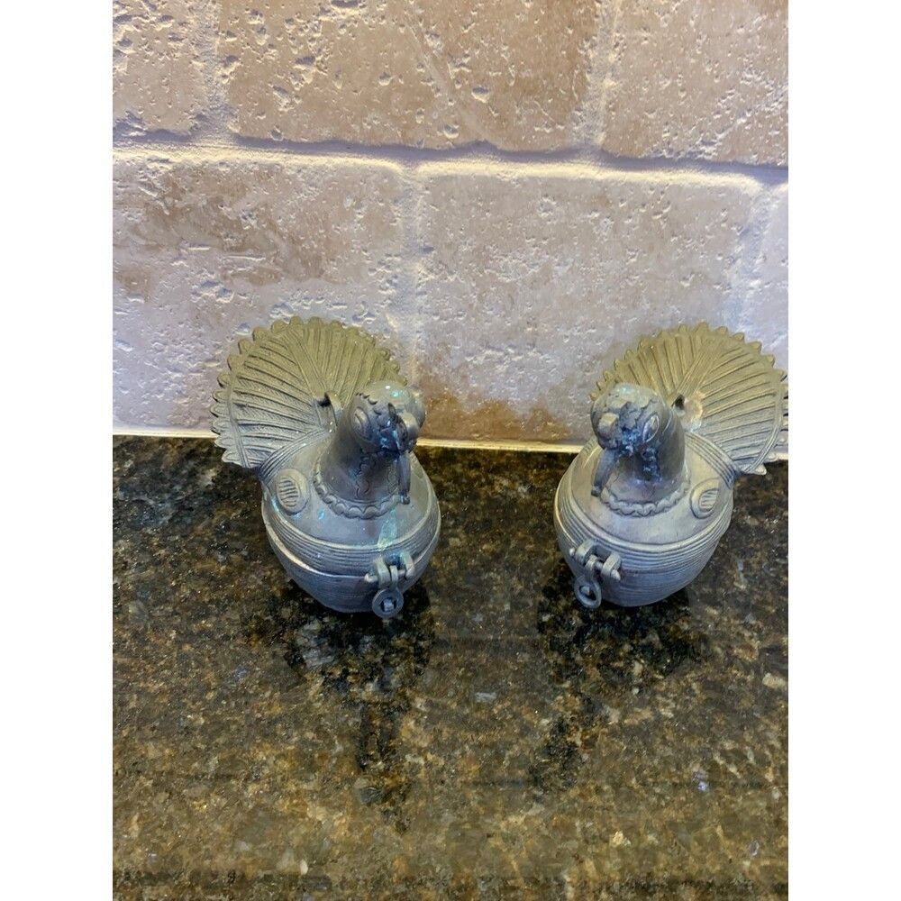 Vintage Cast Brass Peacock Hinged Trinket Boxes Pair Folk Art Betel Keepsake